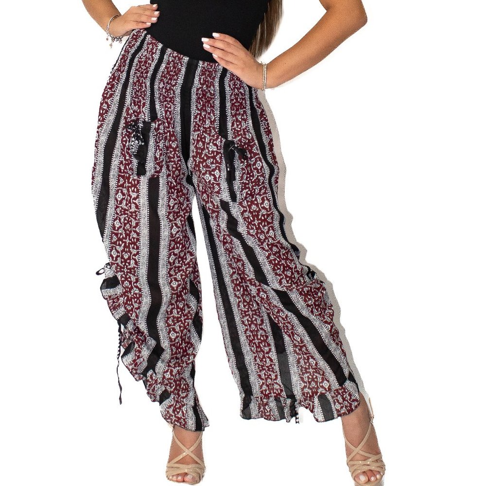 Fashionable Printed Bottom Tie with Ruffle Pant Black Mix